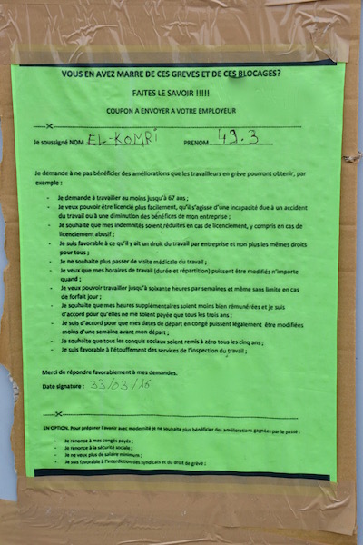 Anti Loi El Khomri Coupon à renvoyer à votre employeur (les injures ont été effacées de la photo) © Paris Tribune.