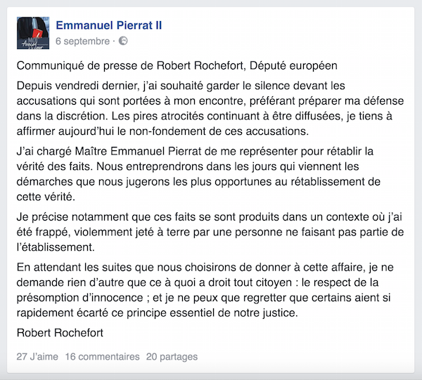 Communiqué désormais en première position sur le compte Twitter du député européen avec une redirection vers Facebook.