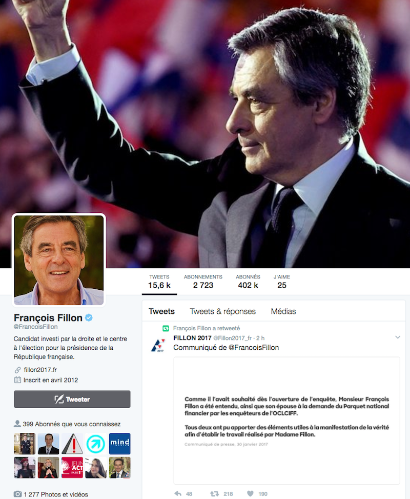 Communiqué de François Fillon après avoir été entendu par les enquêteurs © capture d'écran Twitter