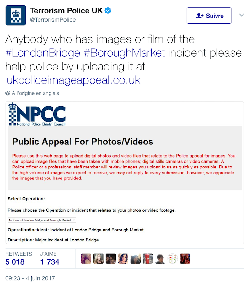 Les forces de police du Royaume-Uni, les agences de sécurité et de renseignement lancent un appel au public.