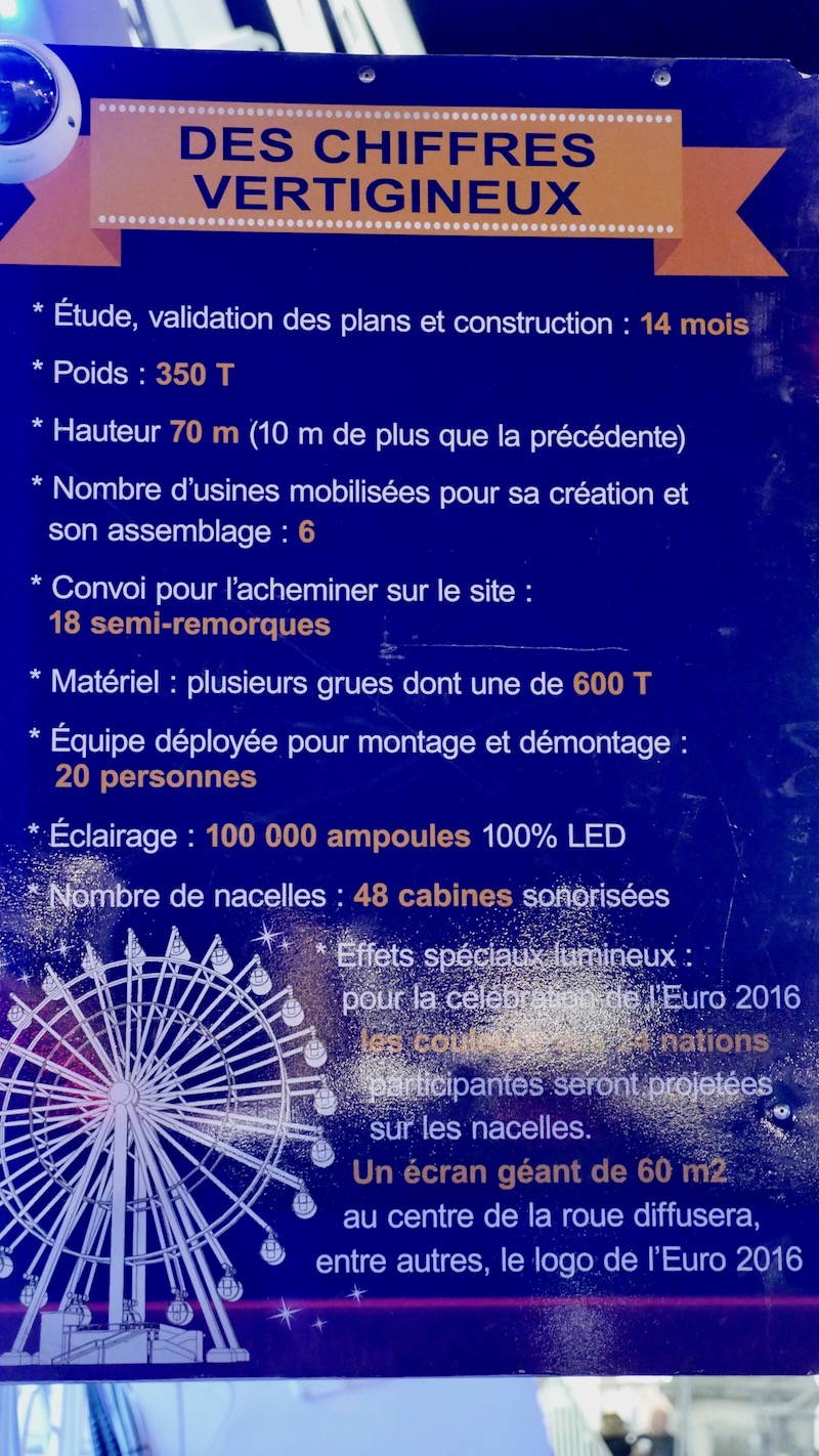 "Pour la célébration de l'Euro 2016, les couleurs des 24 nations participantes seront projetées sur les nacelles. Un écran géant de 60 m2 au centre de la roue diffusera, entre autres le logo de l'Euro 2016".