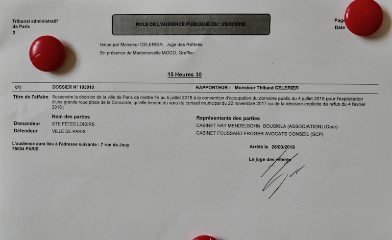 Role de l'affaire de la Grande Roue au Tribunal administratif de Paris © VD / PT