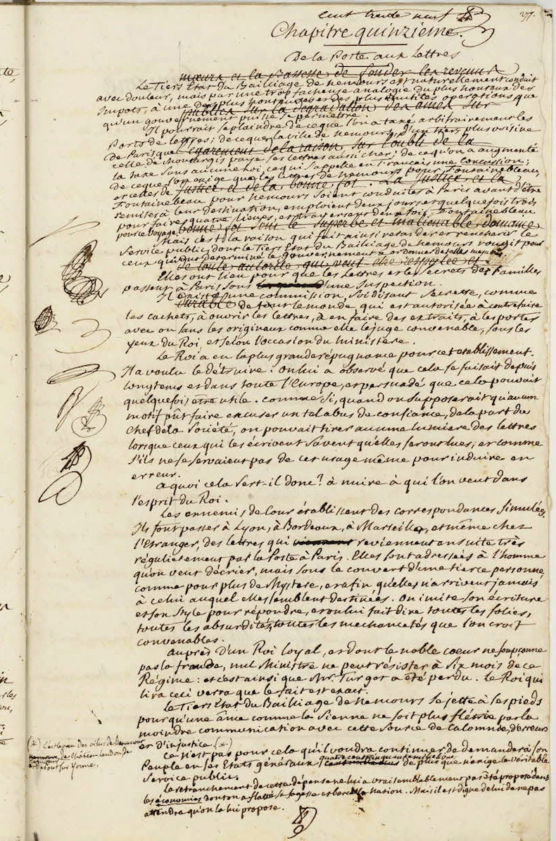 Remontrances dénonçant l’existence d’une « commission secrète connue de tous » siégeant à Paris et chargée d’intercepter et de surveiller la correspondance dans le Chapitre 15 « de la Poste aux Lettres » du Cahier de doléances du Tiers–État du bailliage de Nemours pour les États généraux de 1789 © Archives nationales.