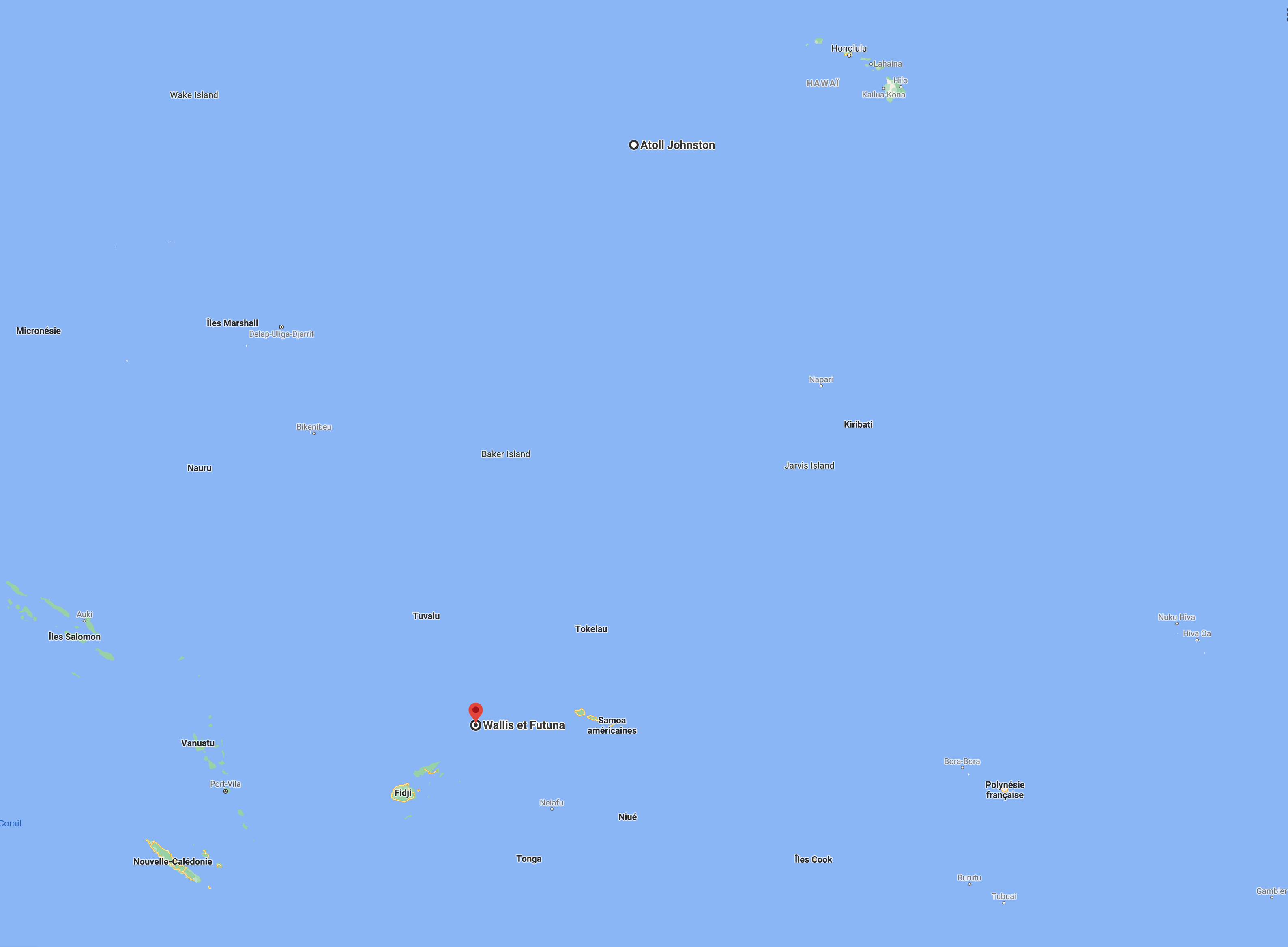 Essais nucléaires américains en Océanie : distance atoll Johnston et les autres îles du Pacifique Sud - capture d'écran Google.
