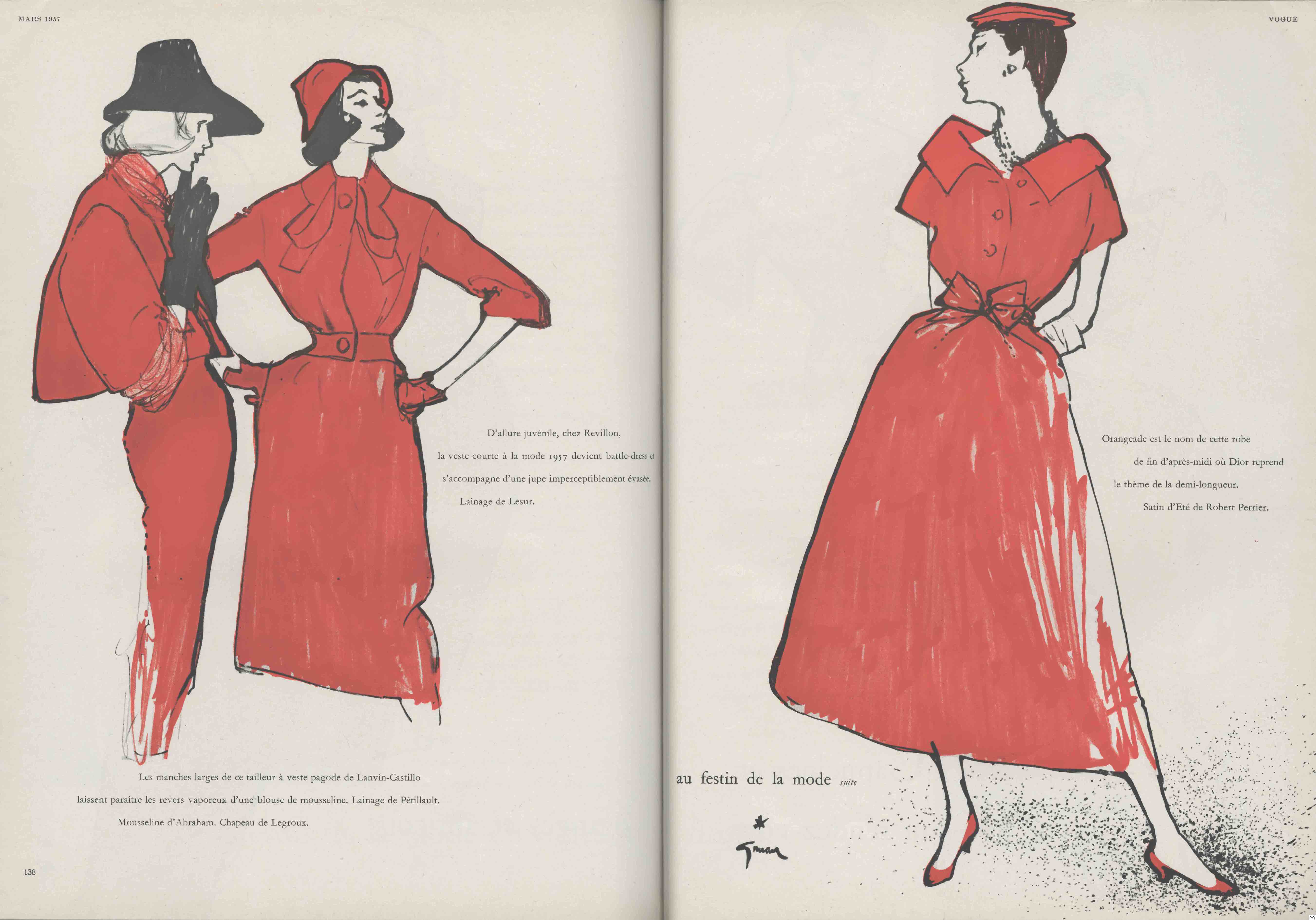 Illustration René Gruau, Lanvin-Castillo tailor, Reveillon dress, Vogue Paris March 1957, Archives Vogue Paris©Société René Gruau