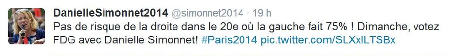 Tweet de Danielle Simonnet publié le 28 mars 2014 à 18h30.