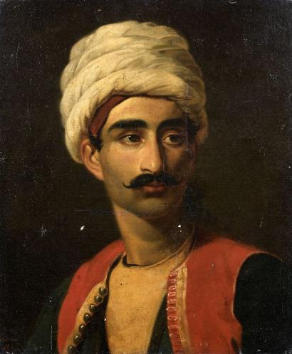 Tableau attribué à Alexandre François CAMINADE 1783-1862 Portrait présumé d'Hassan gardien de la girafe Zarafa © Goxe Bellaïsch.