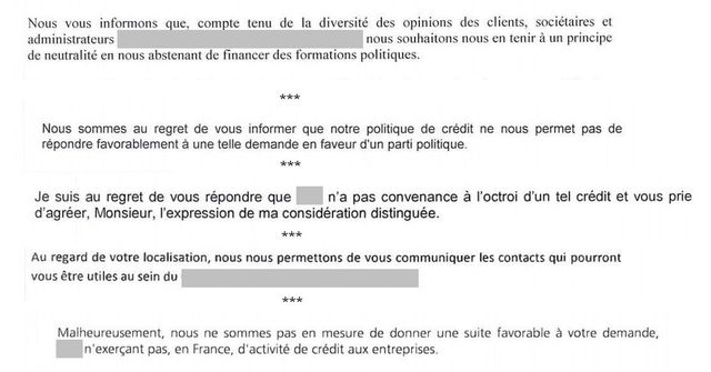 Extraits des 5 réponses de 5 banques à la demande de prêt par le Front National.