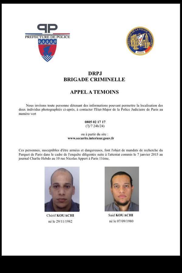Deux suspects recherchés dans l'attentat contre Charlie Hebdo