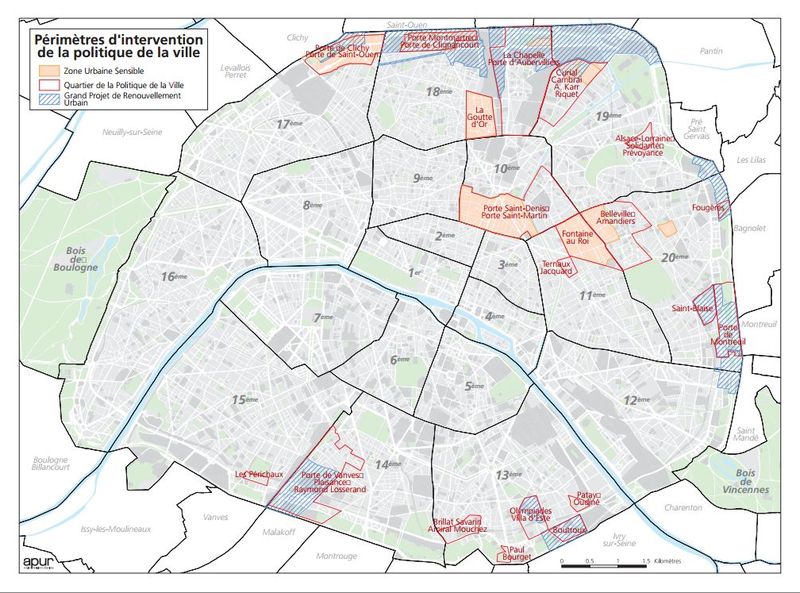 Carte de Paris sur Paris. fr : "Retrouvez les périmètres d'intervention de la ville de Paris : Zones Urbaines Sensibles (ZUS), Quartiers de la Politique de la Ville (QPV) et Grand Projet de Renouvellement Urbain (GPRU)" © APUR - Paris.fr