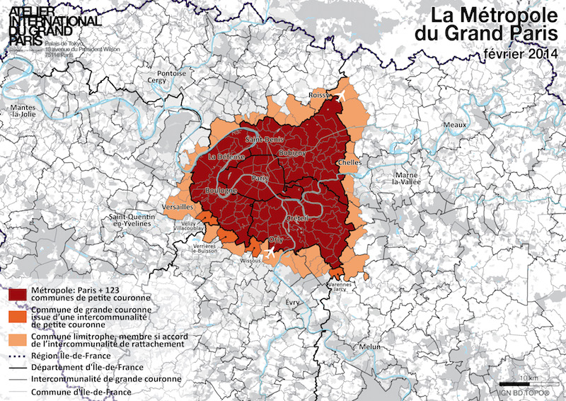 Carte de la métropole du Grand Paris en février 2014 : 123 communes. En octobre 2015 : 132 communes © Carte établie à partir de la loi de modernisation de l'action publique territoriale et d'affirmation des métropole (MAPAM) de Février 2014 par le Groupement d'intérêt public Atelier International du Grand Paris.