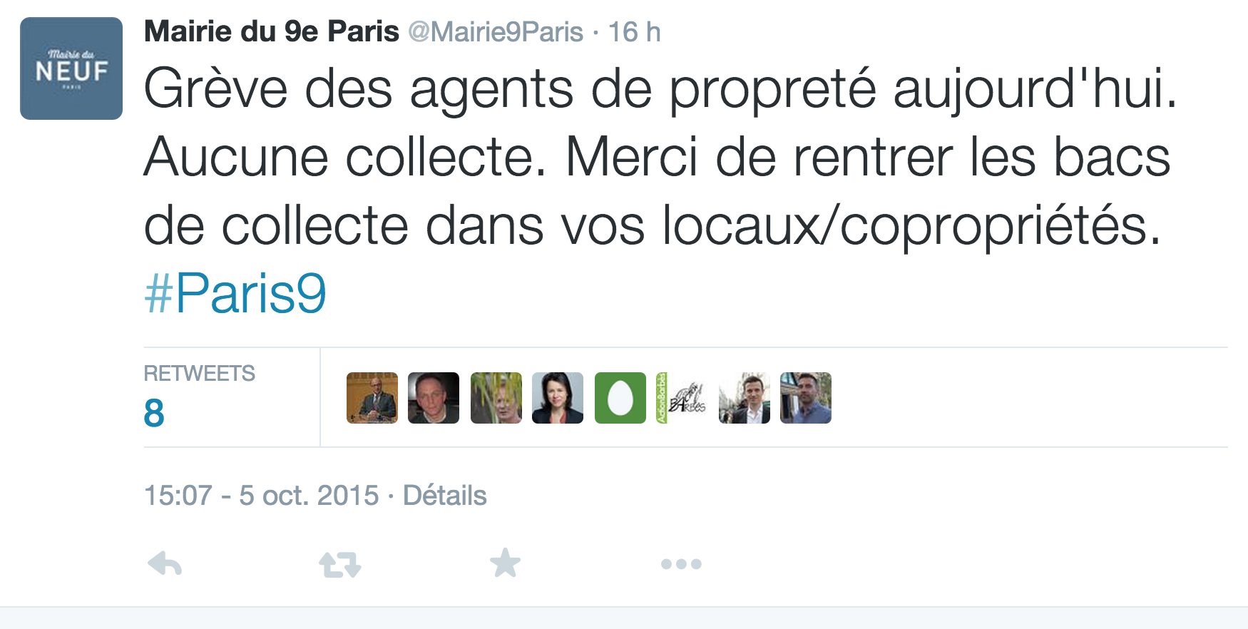 La mairie du 9e arrondissement communique sur la grève des agents de propreté