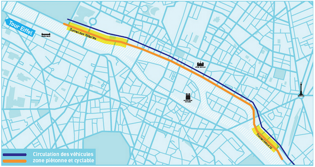 Le projet retenu par la Mairie de Paris : un linéaire piétonnier de 3,3km, du tunnel des Tuileries jusqu’au port de l’Arsenal © Mairie de Paris.