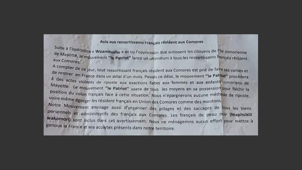 Wuambushu : Un tract de menaces à l'encontre des Français aux Comores